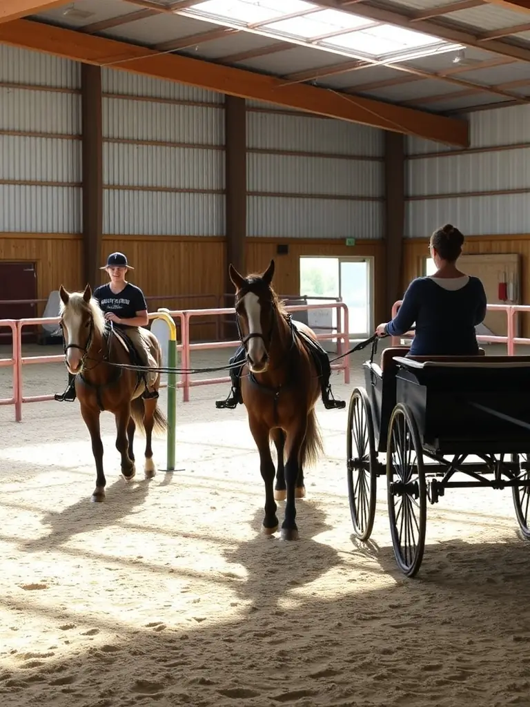 A group of individuals learning basic carriage driving skills in a safe, enclosed arena, with an instructor providing guidance and encouragement.