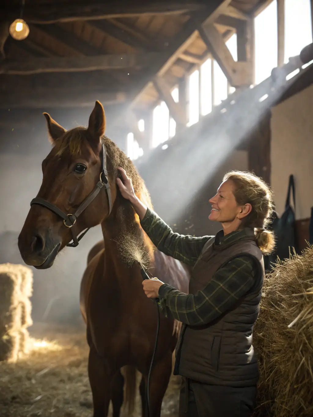 A close-up shot of a well-groomed horse being gently petted by a participant during an equestrian therapy session, emphasizing the therapeutic bond between humans and animals.