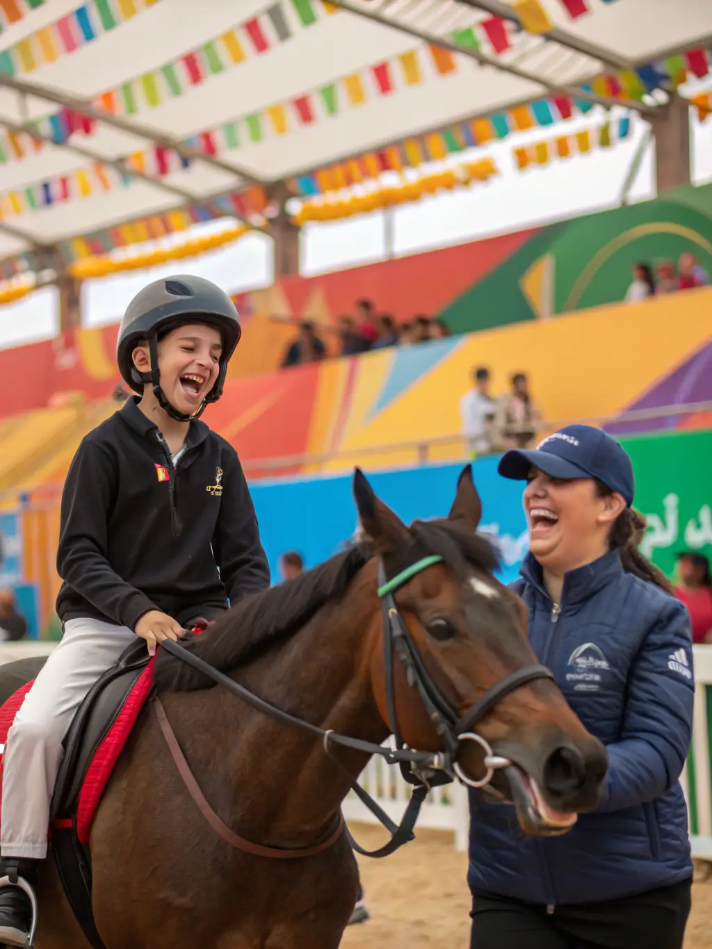 A heartwarming photo of a therapeutic riding session at ROULER A CHEVAL, showing a participant with a disability interacting positively with a horse under the guidance of trained instructors.