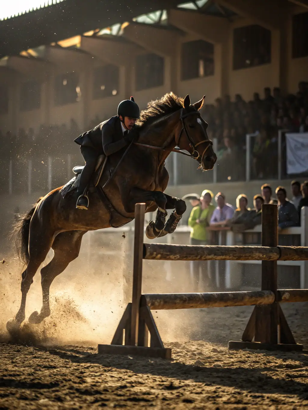 A dynamic image of a horse and rider gracefully navigating an obstacle course during an equestrian competition, highlighting the skill and precision involved.
