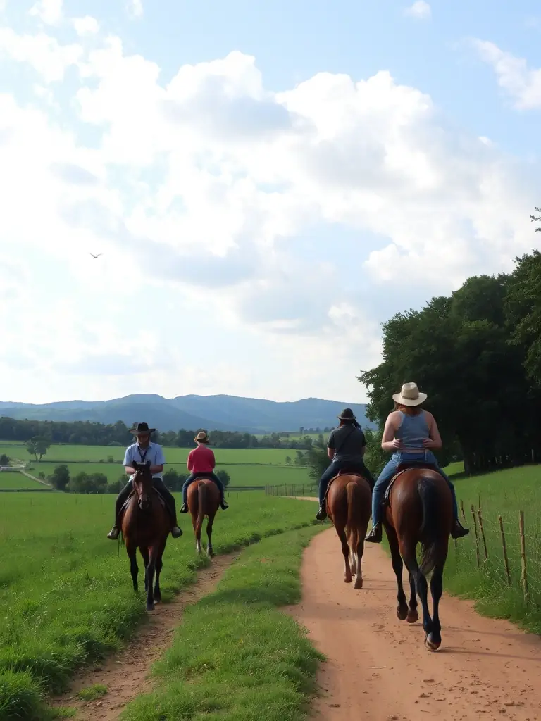 Participants of varying ages and abilities enjoying a leisurely community ride through a picturesque countryside, showcasing the inclusive nature of ROULER A CHEVAL's activities.